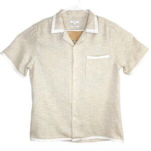 Reiss Mens Cuban Collar Vita Contrast Trim Short Sleeve Shirt Oatmeal Large